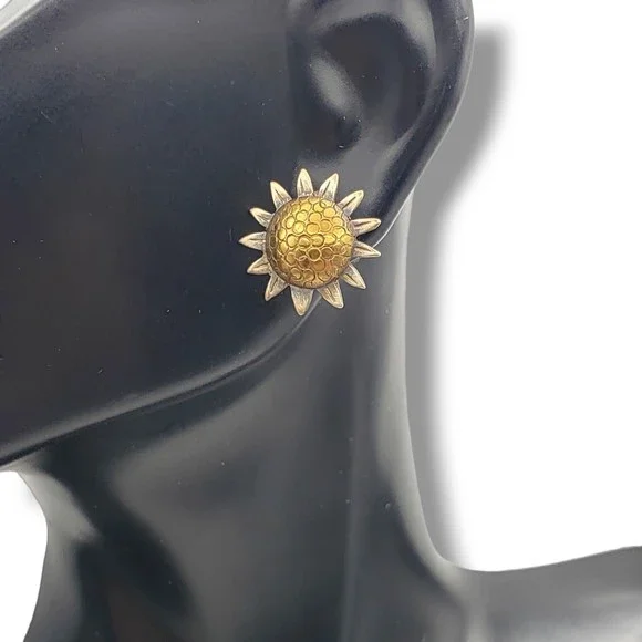 Vintage Jabor Sunflower Stud Earrings Pewter Brass Post Pierced - Picture 1 of 11